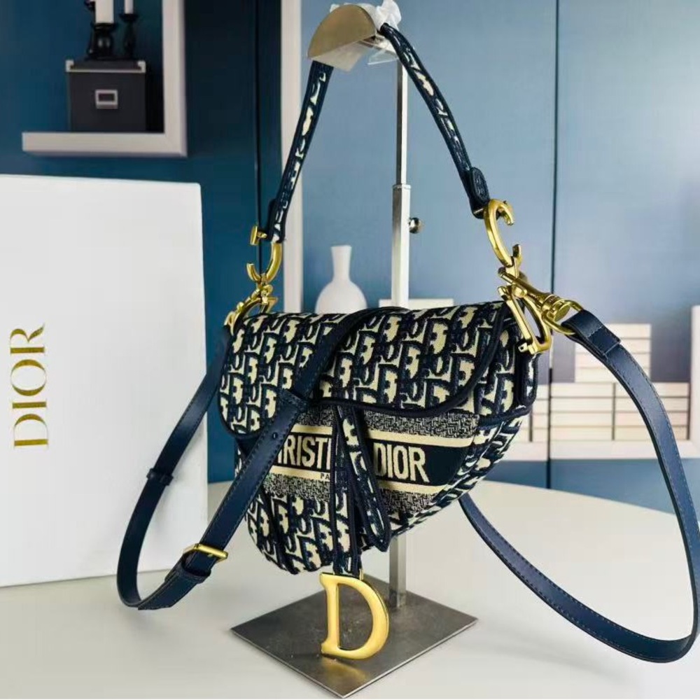 Dior Navy Monogram Saddle Bag